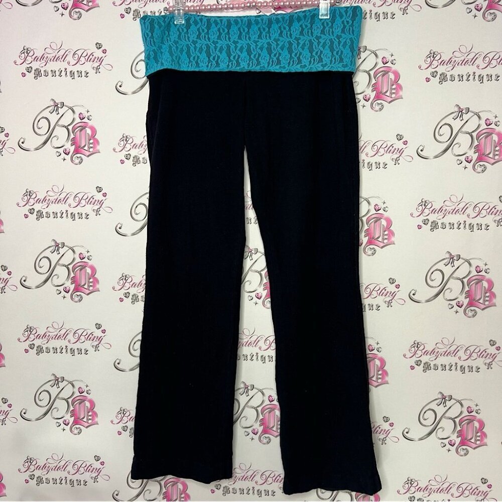 So pants lace blue stretchy yoga fold over waist band y2k dance style 🪩 retro